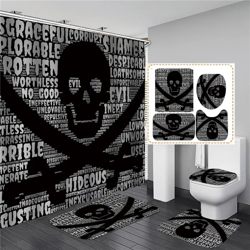 

Black Skull Skeleton Printed Shower Curtain Set Horrible Halloween Festival Bathroom Curtains Sets Decor Pedestal Rug Lid Carpet