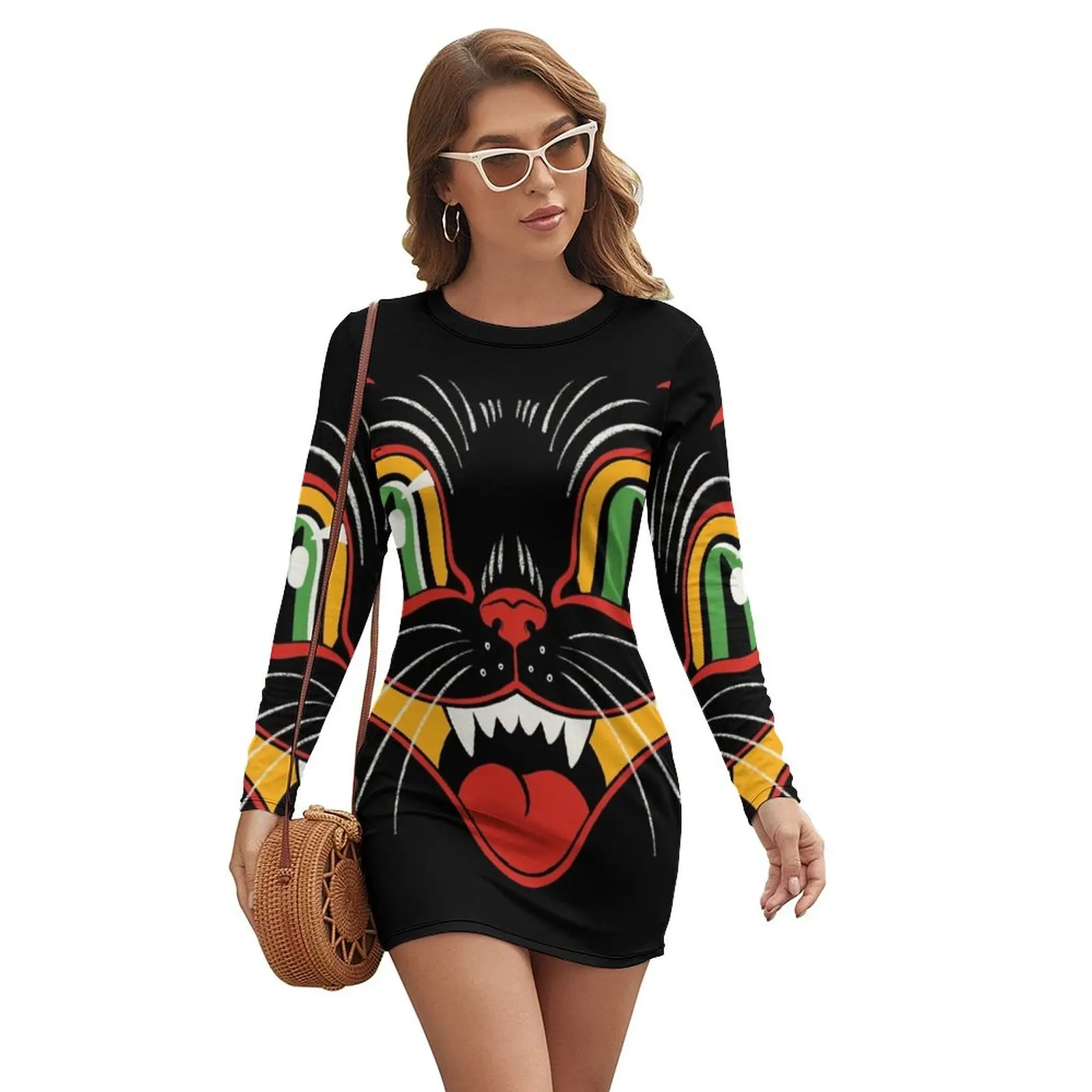 

Retro Vintage Halloween Decor Black Cat Face Long-sleeved Dress summer dress woman 2024 Clothing female