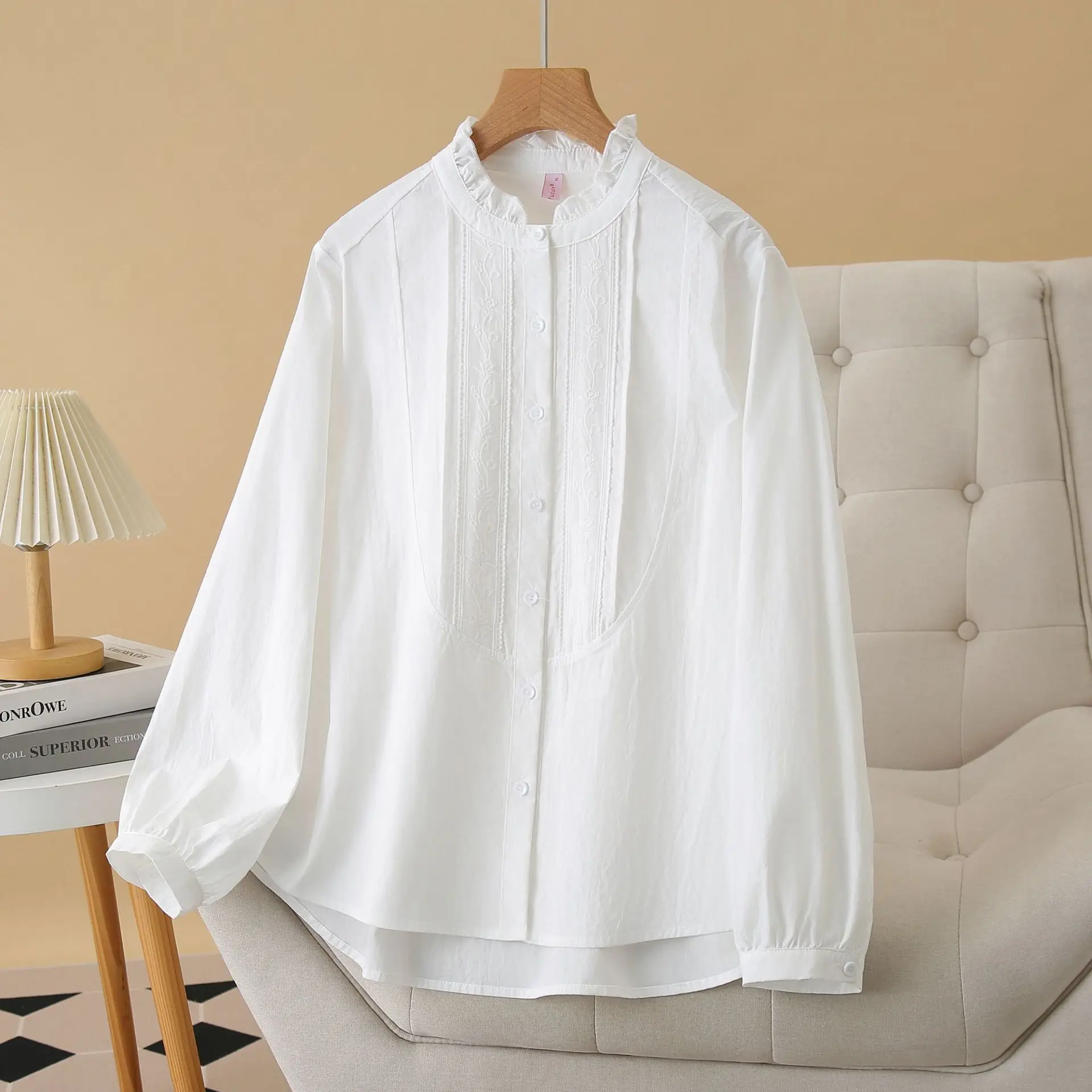 2025 Spring New Plus Size Shirt 100KG Stylish Ruffled Collar Embroidered Long Sleeved Blouses For Women 156