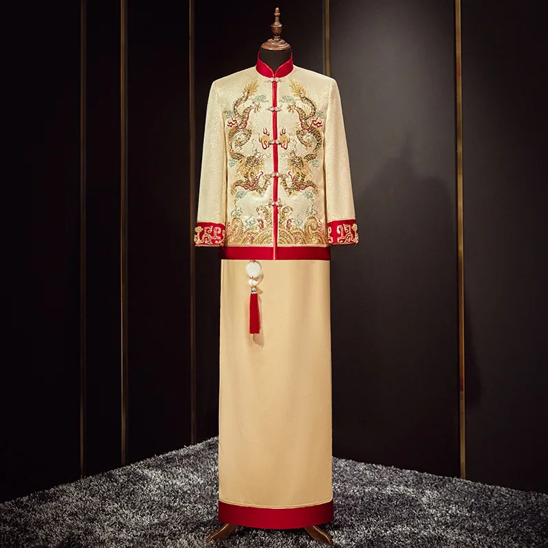 Male Chinese Style Costume Groom Dress Jacket Long Gown Traditional Chinese Wedding Qipao For Men