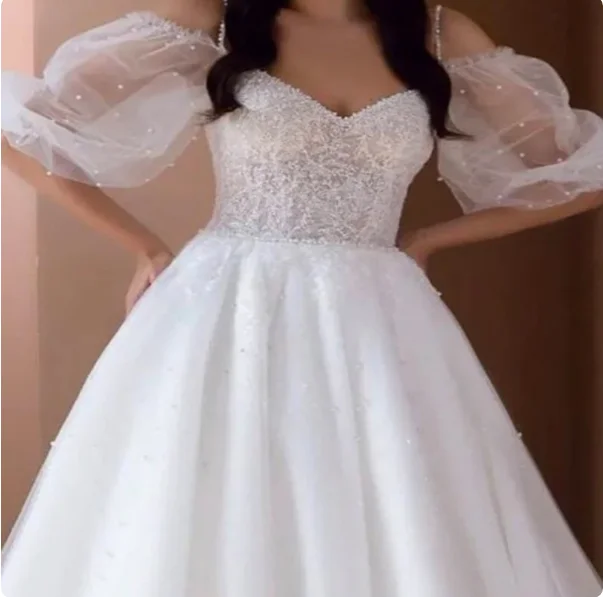 Women Puffy Sleeves Gloves Pearls White Black Detachable for Wedding Bride Dress