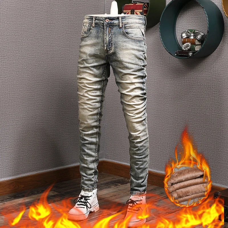 Italian Style Fashion Men Jeans Retro Stretch Slim Fit Ripped Jeans Men Vintage Designer Winter Velvet Warm Denim Pants Hombre