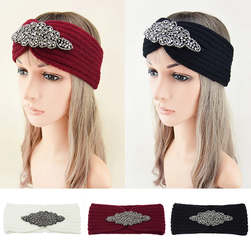 

New Knitted Knot Cross Headband For Women Autumn winter beaded Rhinestone Hair Bands Headwear Elastic headband Hair accessories