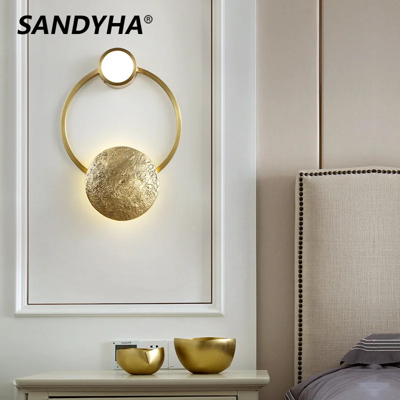 

SANDYHA Nordic Home Decoration Living Room All Copper LED Wall Lamps Creative Fashionable Designer Glass Lampshade Bedroom Light