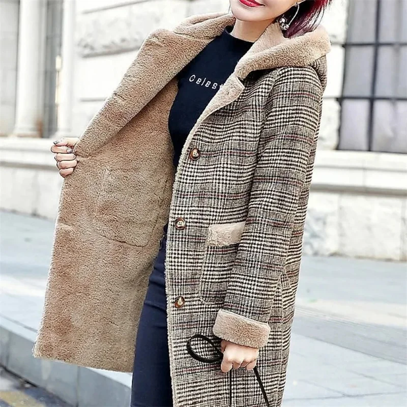 Women's Plaid Wool Coat Thic Velvet Thickened Warm Mid Length Jackets