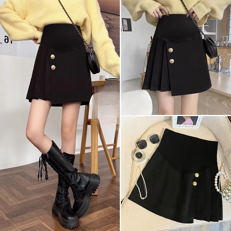 Good Quality Pregnant Woman Winter Woolen Skirt Irregular Side Pleated A-line Skirts Black Maternity Belly Skirt with Buttons