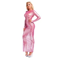 Womens Shiny Metallic Sheer Long Dress See Through Long Sleeve Bodycon Maxi Dress Cover Ups Rave Party Night Club Wear Underwear - Image 2