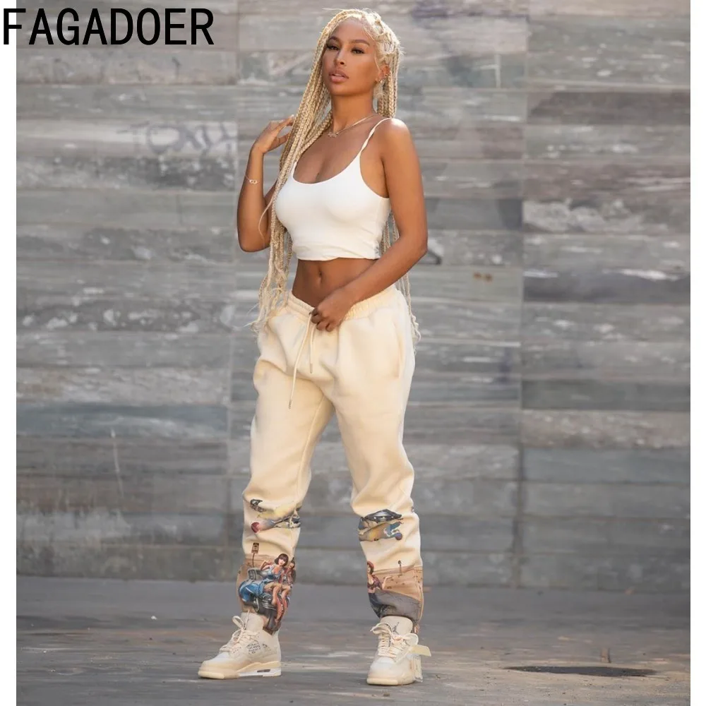 FAGADOER Retro Streetwear Y2k Sweatpants for Women 2023 Graphic Print Drawstring Pockets Baggy Sport Pants Khaki Casual Trousers