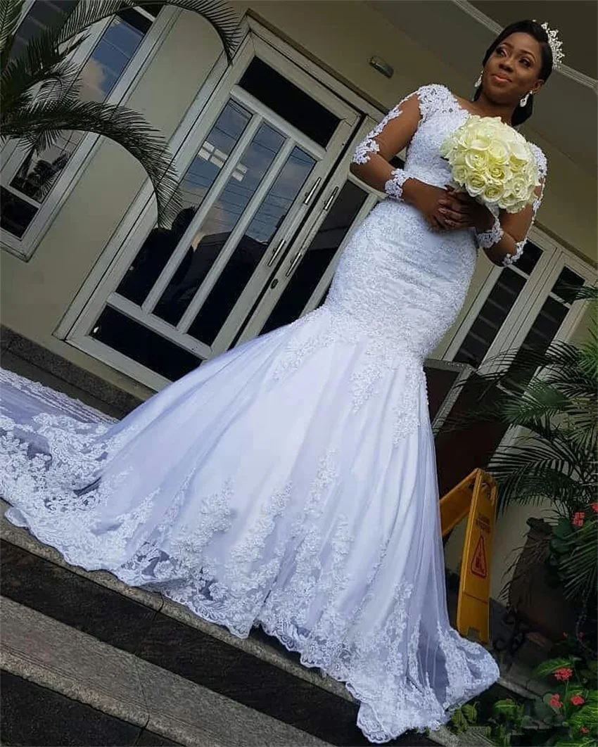 

Vestidos De novia De sirena con cuello redondo, manga larga, apliques africanos De tul, Vestidos De novia con cuentas