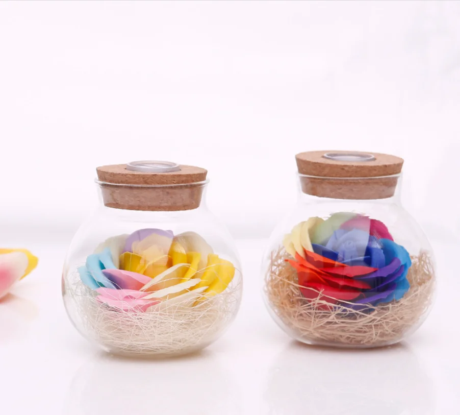 

Glass Bottle Colorful Rose Soap Flower Immortal Flower Lantern Luminous Glass Cover Wishing Bottle Colorful Rose Gift Box