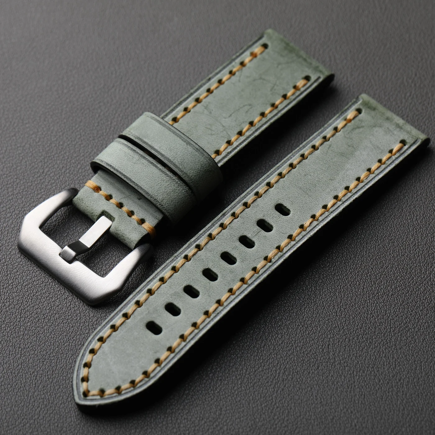 Luxurious Handmade Italian Cowhide Leather Strap in Green Grey