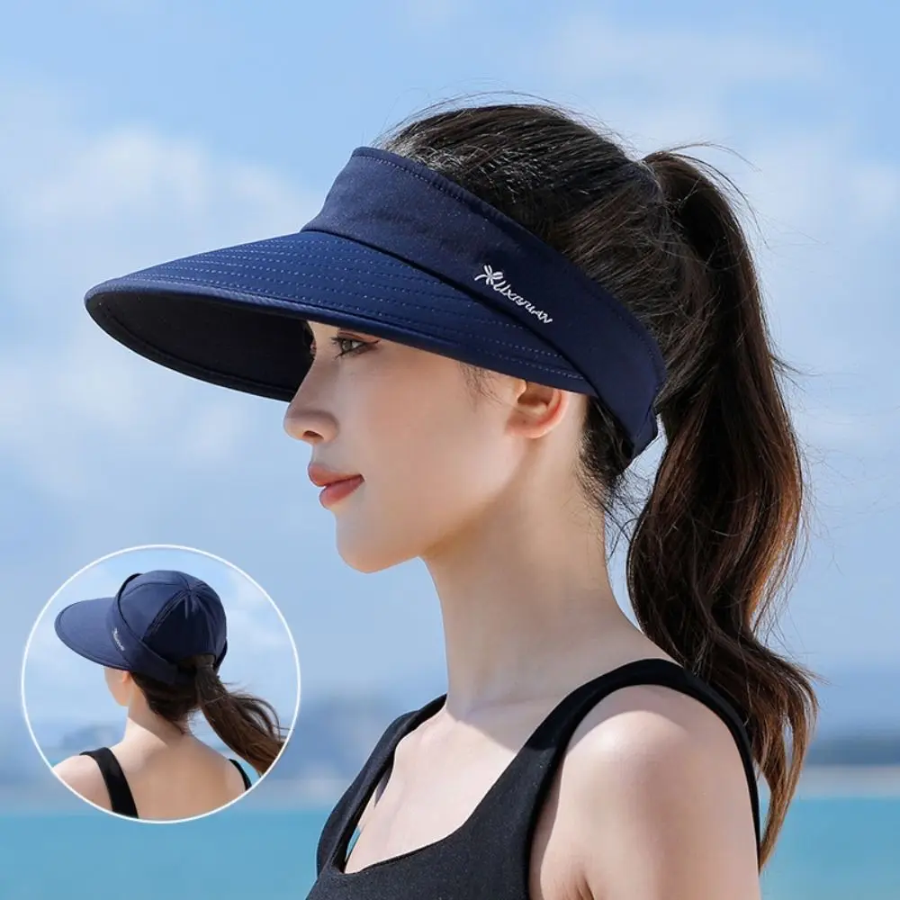 

Detachable Women Summer Sun Hat Casual Wide Brim UV Protection Empty Top Ponytail Cap Adjustable Foldable Beach Cap