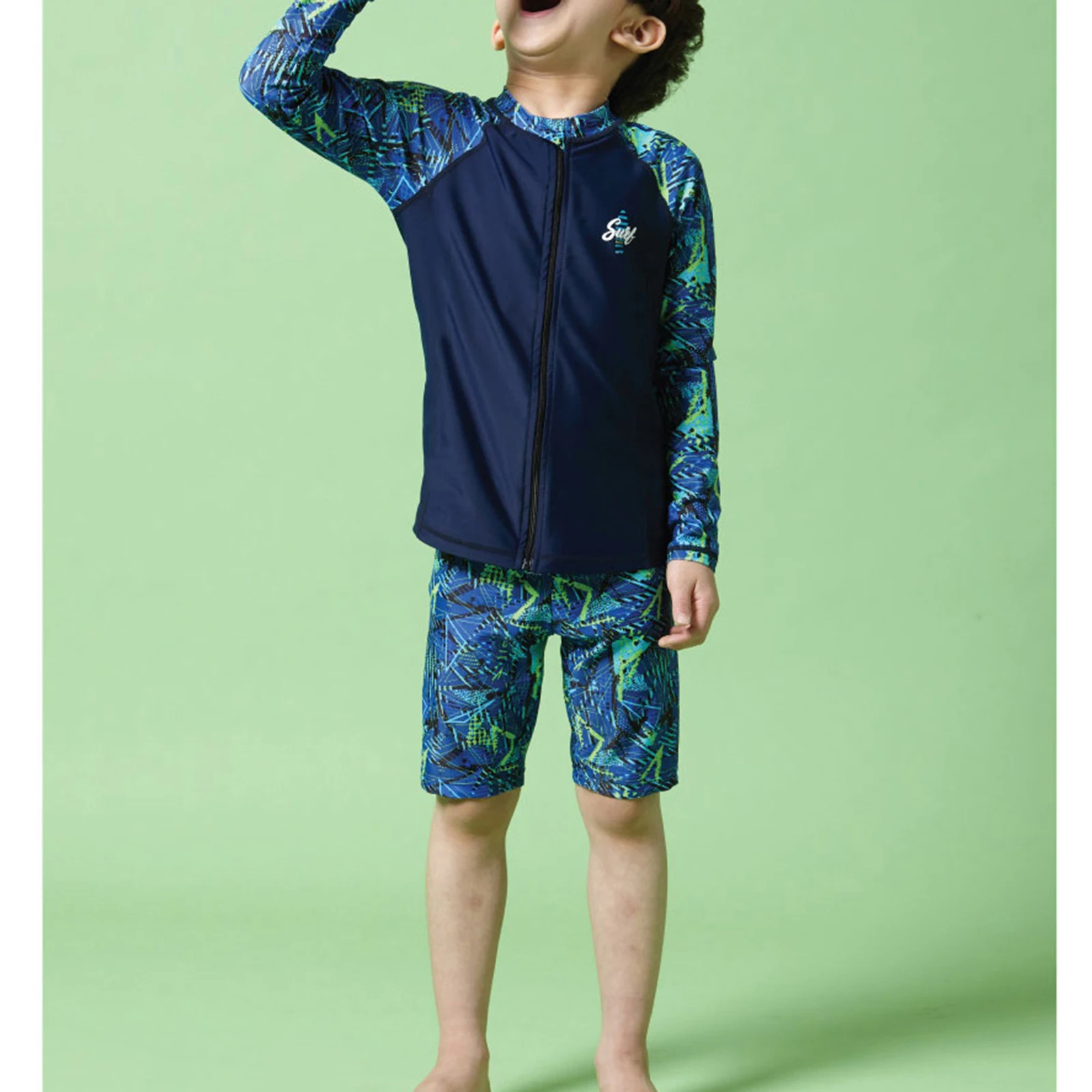 Children Boys Sunscreen Swimsuit Swimwear Long Sleeve Zipper Top with Shorts Hat Rash Guard Wetsuit Beach Pool Bathing Suit
