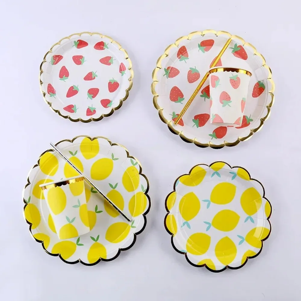 

Wedding Festival Birthday Party Home Outdoor Picnic Party Lemon Strawberry Picnic Straw Tableware Set Disposable Paper Cup Plate