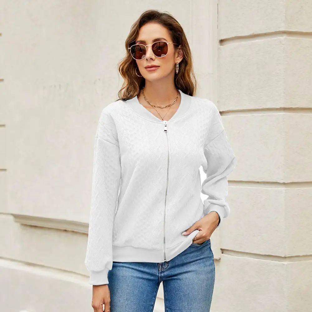 Women Fall Winter Coat Round Neck Zipper Closure Long Sleeve Warm Cardigan Solid Color Loose Thick Lady Commute Daily Jacket