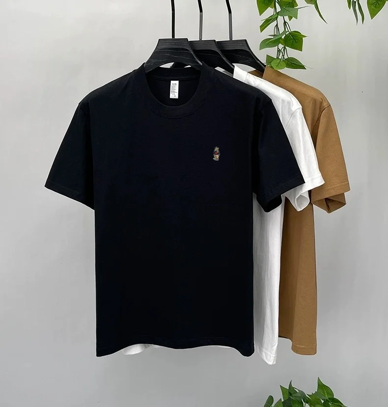 High-end pure cotton short-sleeved men's T-shirt, luxury brand printed cartoon bear, Korean style casual crew neck top for young