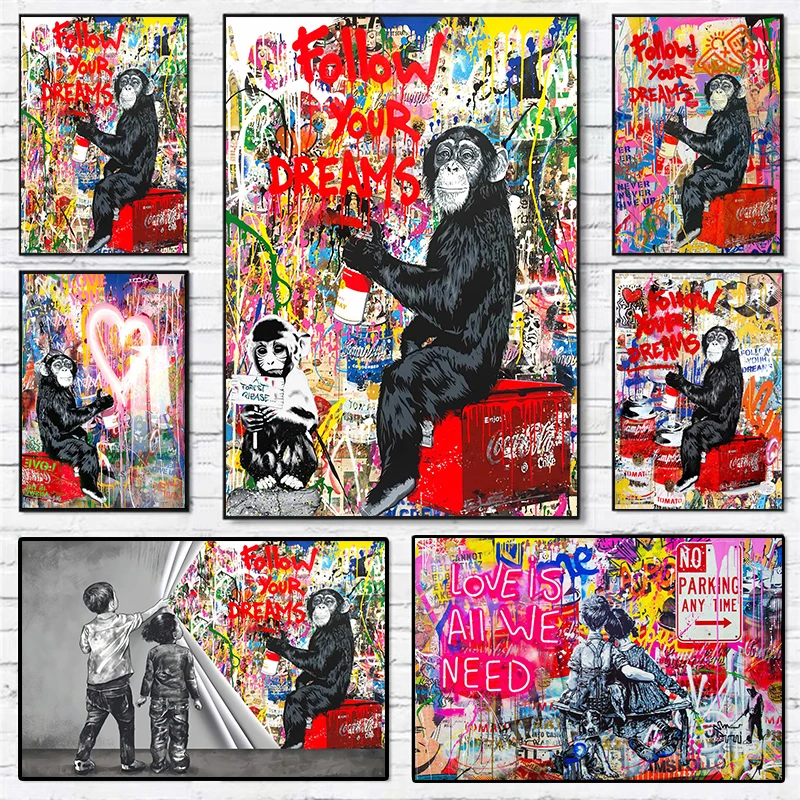 

Street Art Cute Monkey Chimpanzees Graffiti Canvas Painting Animal Posters and Prints Modern Pop Art Wall Pictures for Home Room
