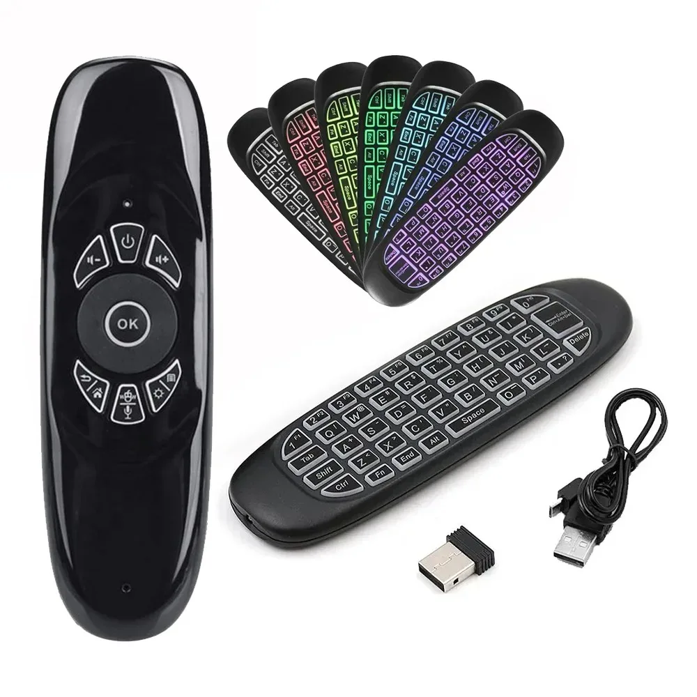 שלט מרחוק אלחוטי 2.4G RF עם חיישן ג'ירו לעכבר אוויר עם תאורת רקע RGB C120 לתיבת טלוויזיה חכמה של אנדרואיד