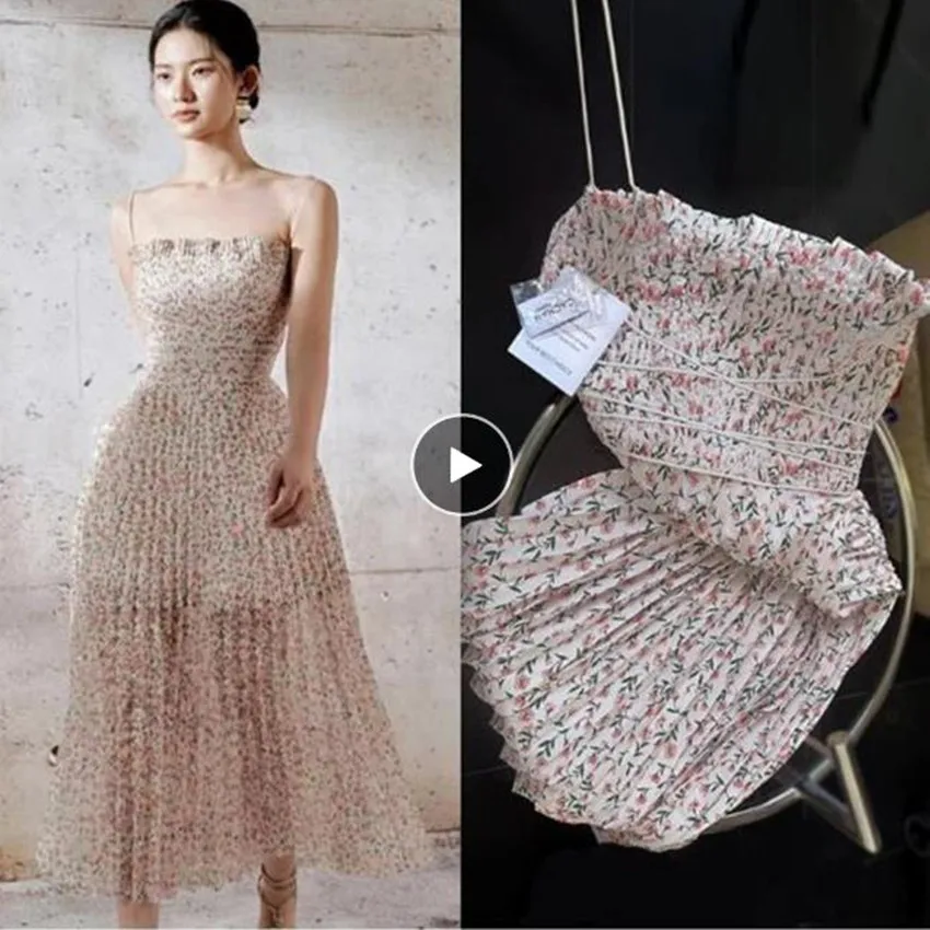 

French Style Summer Vintage Floral Pleated Spaghetti Strap Dress Women Beach Sweet Princess