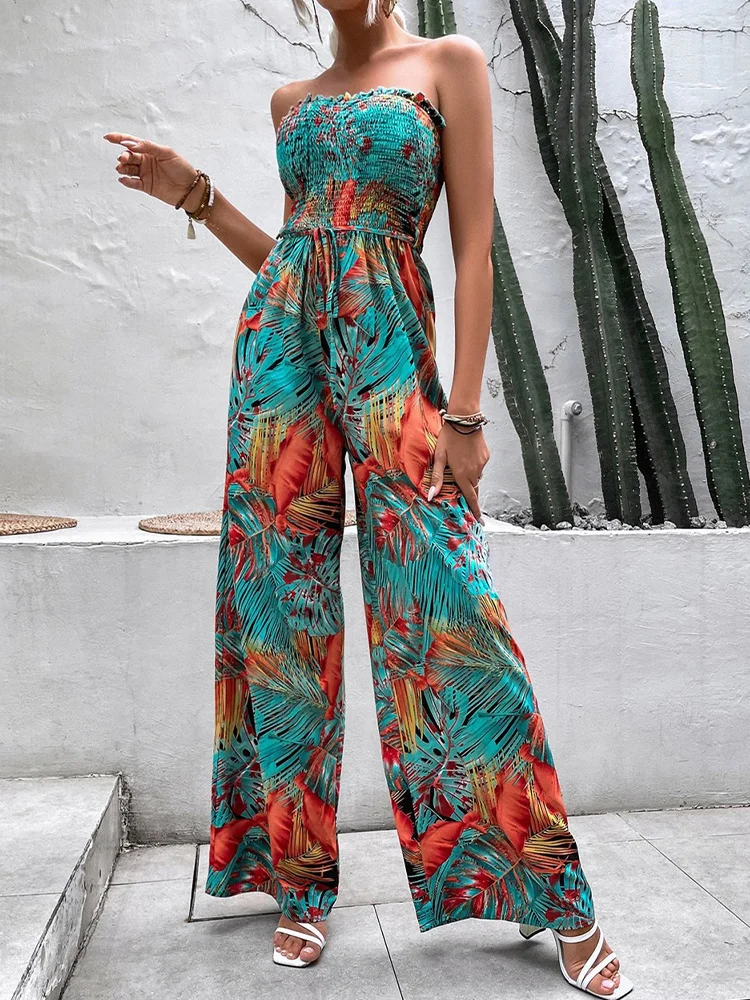 Sexy Sleeveless Backless Jumpsuit Women's Summer Printed Loose Long Pants Vacation Party Clothing