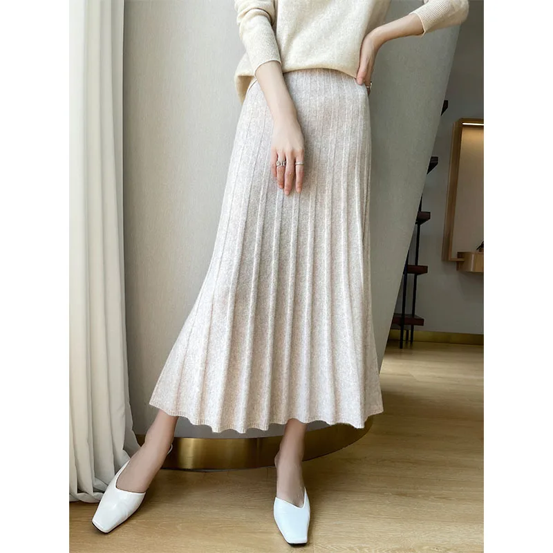 100% Pure Wool Skirt For Women's Medium Long Knitted High Waist Slim A-line Large Swing Umbrella Style Cashmere Pleated Skirt women s cotton coats winter autumn 2022 new vintage print slim old mom s warm medium long coat fashion elegant keep warm parkas