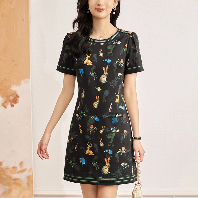 

Summer Dresses For Women 2023 Elegant Fashion O-neck Short Sleeve Floral Animal Black Dress A-line Women's Clothing Casual Dress