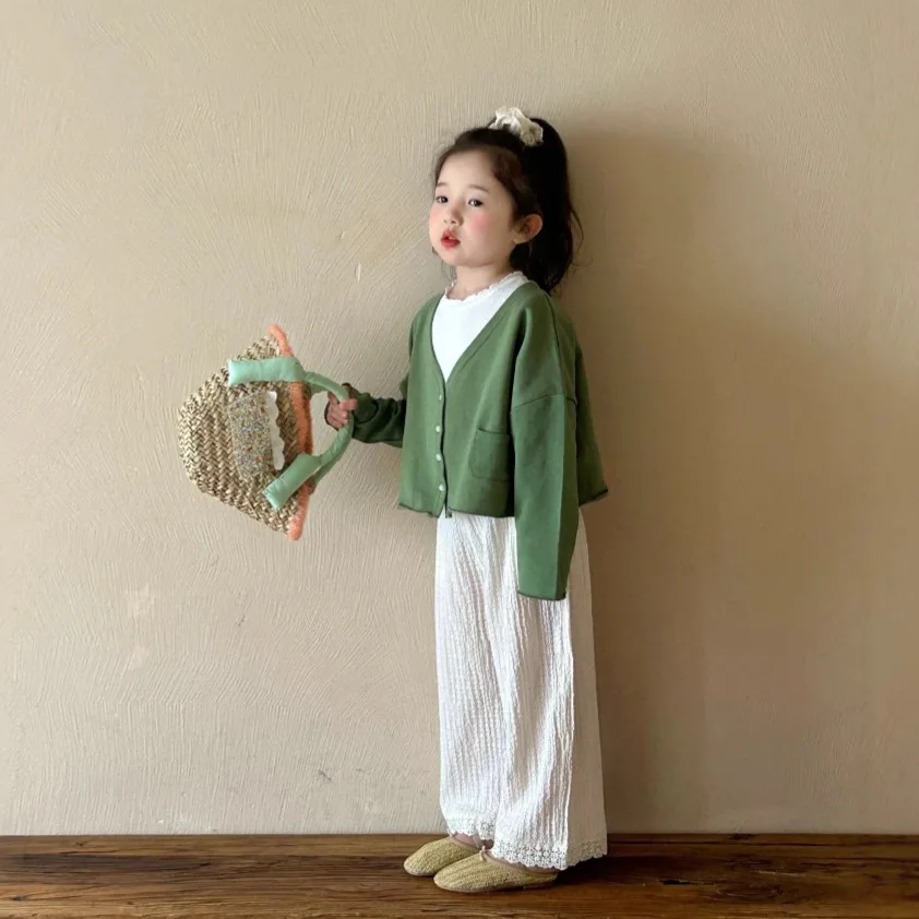 2025 가을 신상품: 아동복 얇은 가디건  털이 있는 단색 재킷 세트 (2피스 이너 포함)
