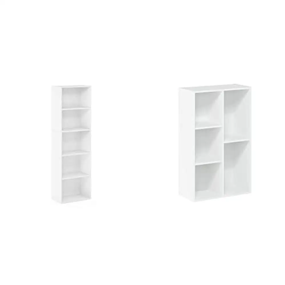 

5-Tier Open Shelf Bookcase and 5-Cube Storage Bundle White Engineered Wood Floor Mount Tiered Cubical Bedroom Study Room Adult