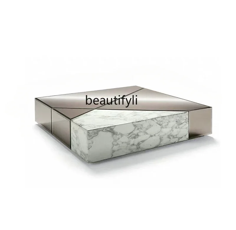 

Italian Combined Tea Table Stainless Steel Metal Tea Table Square Marble Glass Design Coffee Table
