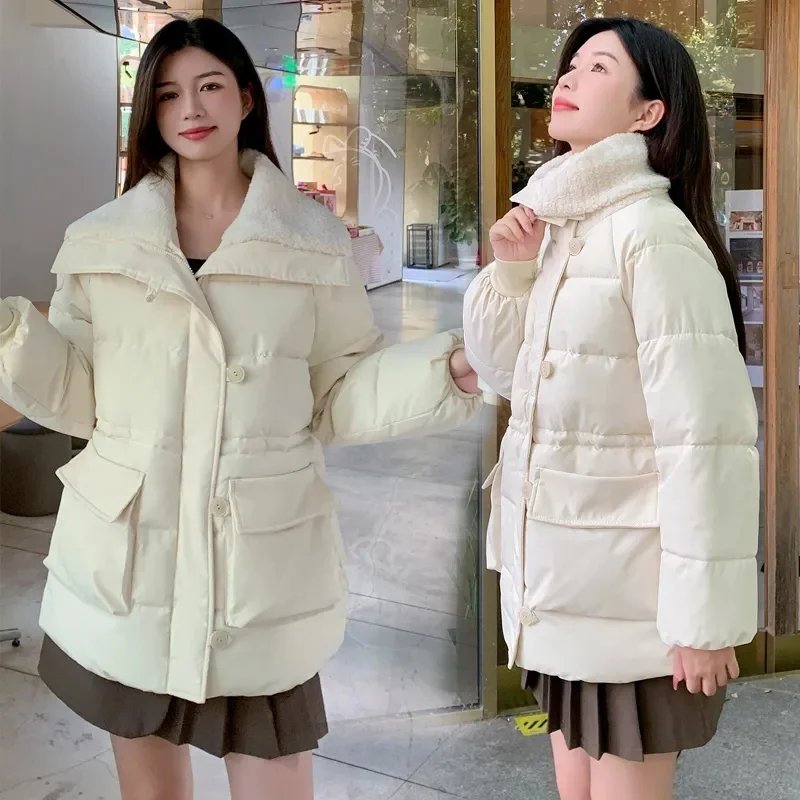 Lamb Wool Large Lapel Down Cotton Clothing For Women's Winter Wear Medium Length Loose Fitting Oversized Thick Cotton Jacket 2022 autumn and winter lamb wool jacket women s stitching lapel cotton jacket loose pocket streetwear faux lamb cotton jacket