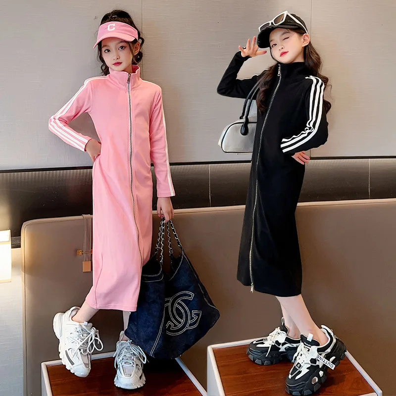 

Teens girls Sport Long Dress 2023 Spring Clothes Striped Zipper Pink Black Tops Spring Fall Kids Fashion Clothes 10 12 years
