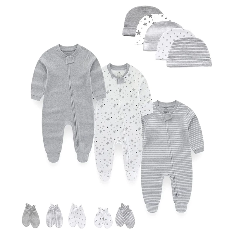 2023 년 신제품  Romers + 모자 + 장갑 세트, 100% 면, 여아 옷, 0-6M, 지퍼, , 남아 옷, 긴 소매, Bebes