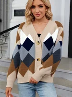 New Fashion Autumn Winter Geometric Printing Knitted Cardigan Coat Women Casual Loose Long Sleeve Sweater Button Winter Clothes