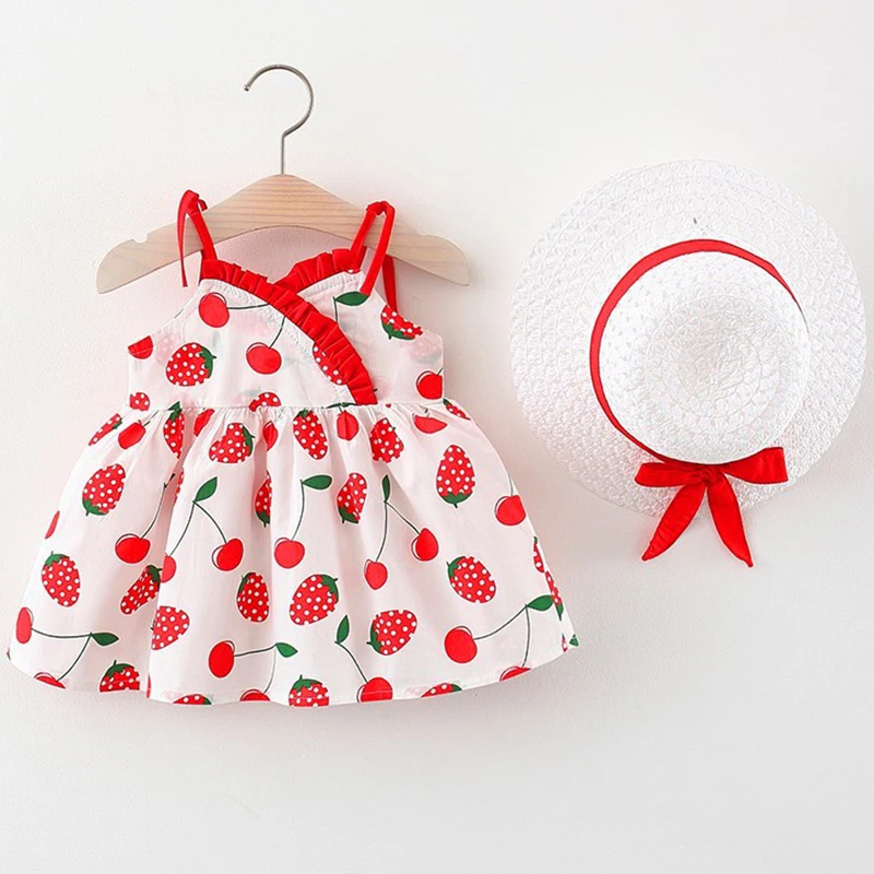 

2Piece Summer Toddler Girl Clothes Korean Cute Strawberry Cherry Print Sleeveless Cotton Baby Dresses+Sunhat Kids Dress BC158