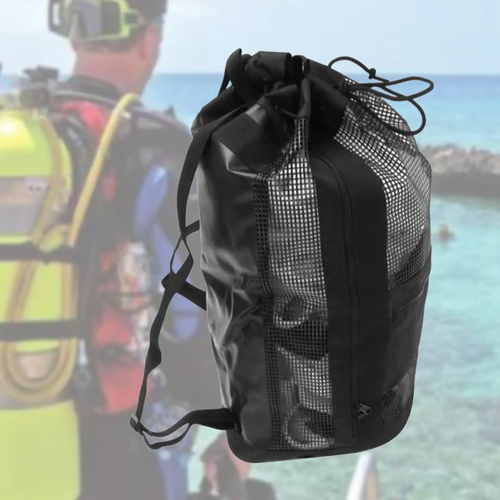 Diving Travel Backpack Carry Bag Adjustable Strap Scuba Diving Mesh Sack for Beach Outdoor Underwater Adventure Surfing Rafting