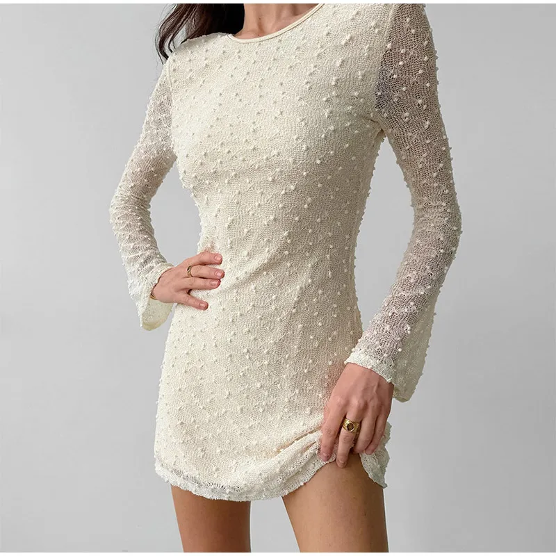 Sexy Backless Jacquard Mini Dress Women Flare Long Sleeve Lace Up O-neck Party Dresses 2025 Lady Slim Evening Beach Gowns New
