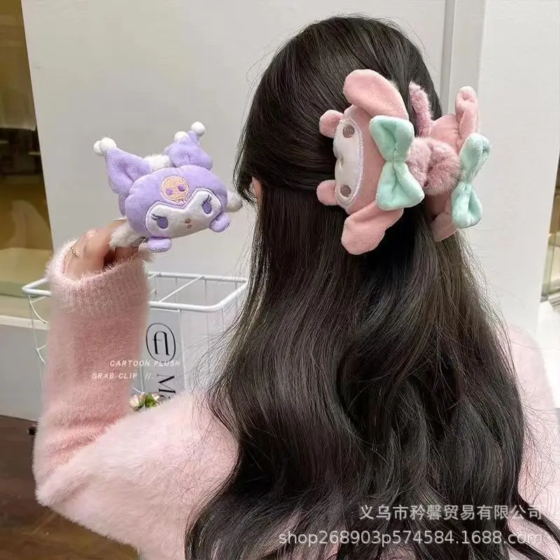 Cute Sanrioed Grab Clip Cartoon Kuromi Cinnamoroll Melody Autumn Winter Plush Hair Clip Children Clip Hair Accessories Girl Gift
