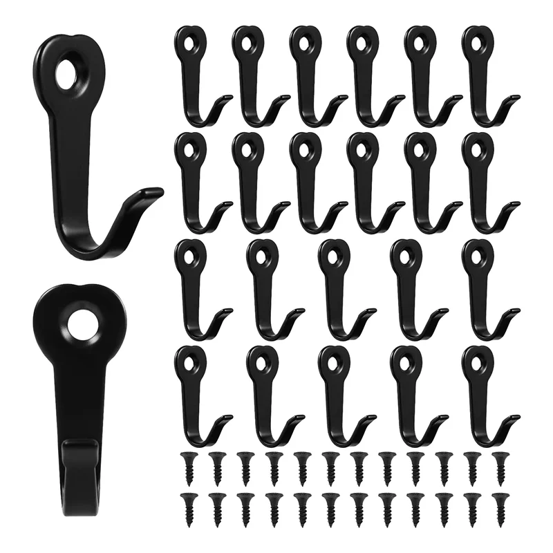 

24 Piece Clothes Hook with Screws, Heavy Clothes Hanger Hook, Used for Wall Black Iron Practical Hook (Black)