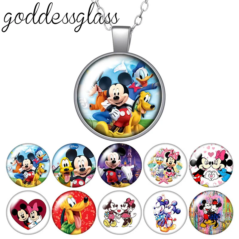 Disney Mickey Minnie Mouse Love Friends Pluto Round Photo Glass Cabochon Collana Con Ciondolo Placcato Argento Regalo Di Gioielli