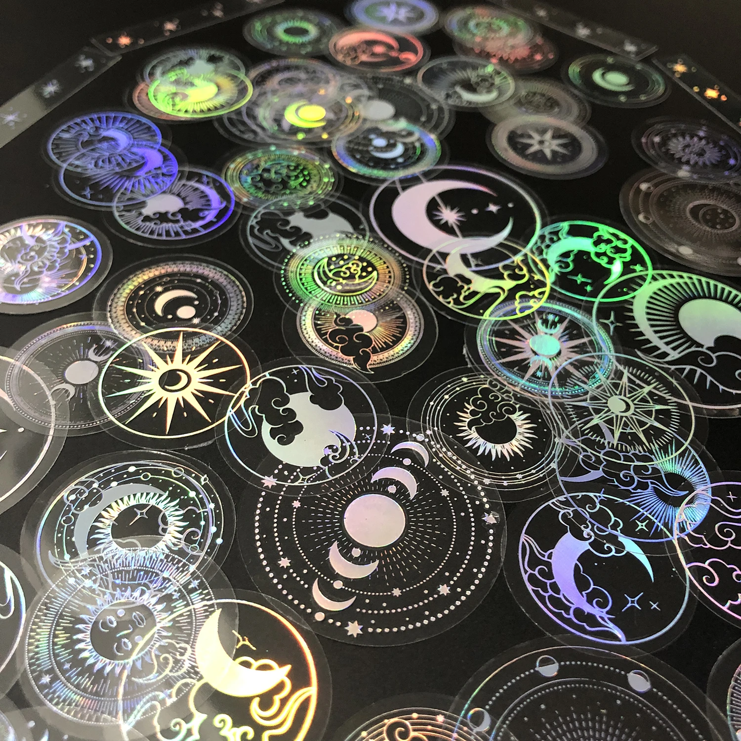 PET Adhesive Stickers Waterproof Transparent Laser Silver Stickers Label SUN MOON Stars etc 70 pcs