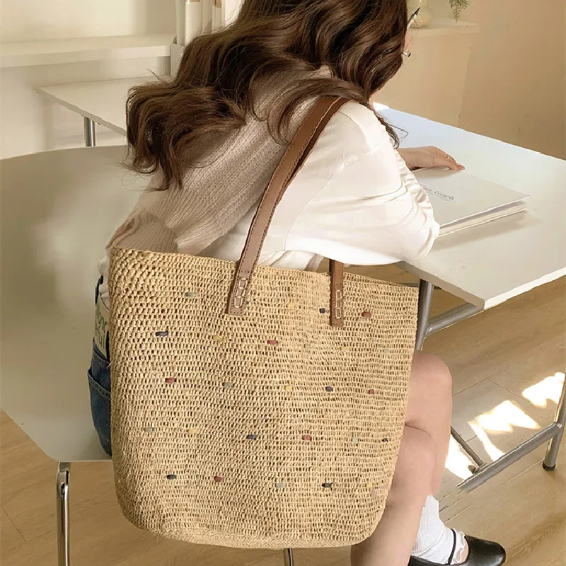 Handwoven Raffia straw tote Beach bag women handmade Casual large capacity summer beach woven handbag natrual 2025 new