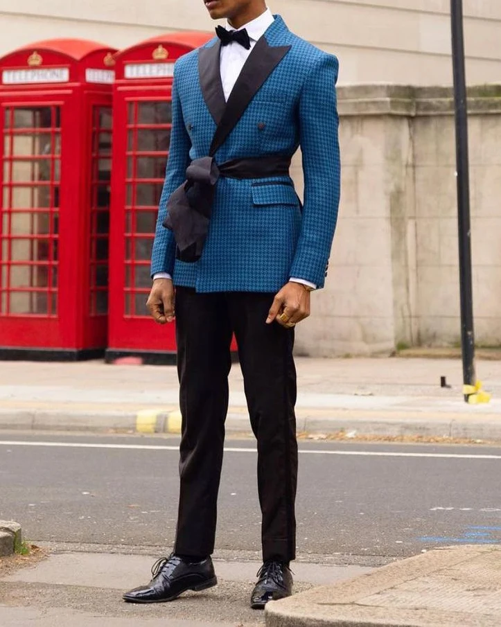 Blue Houndstooth Men Suit Tailor-Made 2 Pieces Blazer Black Pants Tuxedo With Belt Modern Business Wedding Groom Prom Tailored