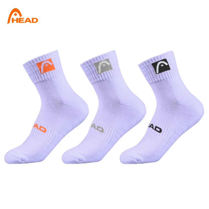 3 pairs of socks Head white men and women Sports sock cotton tennis sports Middle tube sock Sweat thickening Sock