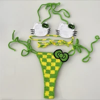 8 colors High Quality Handmade Crochet Micro Bikini Set Sexy String Brazil Bathing Suit Top Grade Cotton Fabric Kitty Swimwear 3