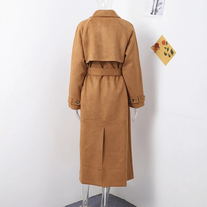Elegant Suede Long Trench Coat Women Belt Double Breasted Full Sleeve Brown Windbreaker Autumn Lady Street Outwears New