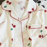 Cherries Print Two Pieces Pajamas Set Autumn Faux Cotton Pajamas Korean Fashion Home Clothes Ladies Pants and Top Set Pijamas - Image 5