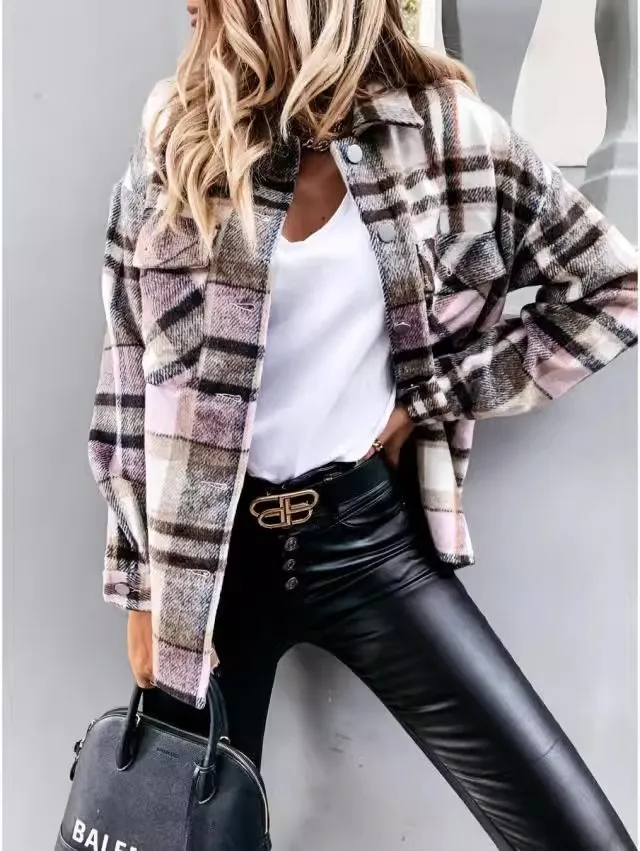 Women's autumn and winter long sleeved plaid jacket shirt jacket loose and personalized versatile commuting clothing