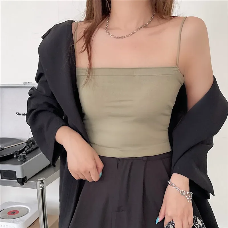 Women Tank Tops Solid Colour Camisole Vest Female Summer with Bra Pads Outside Wear Tops Suspenders Without Steel Ring Long Thin Bustier