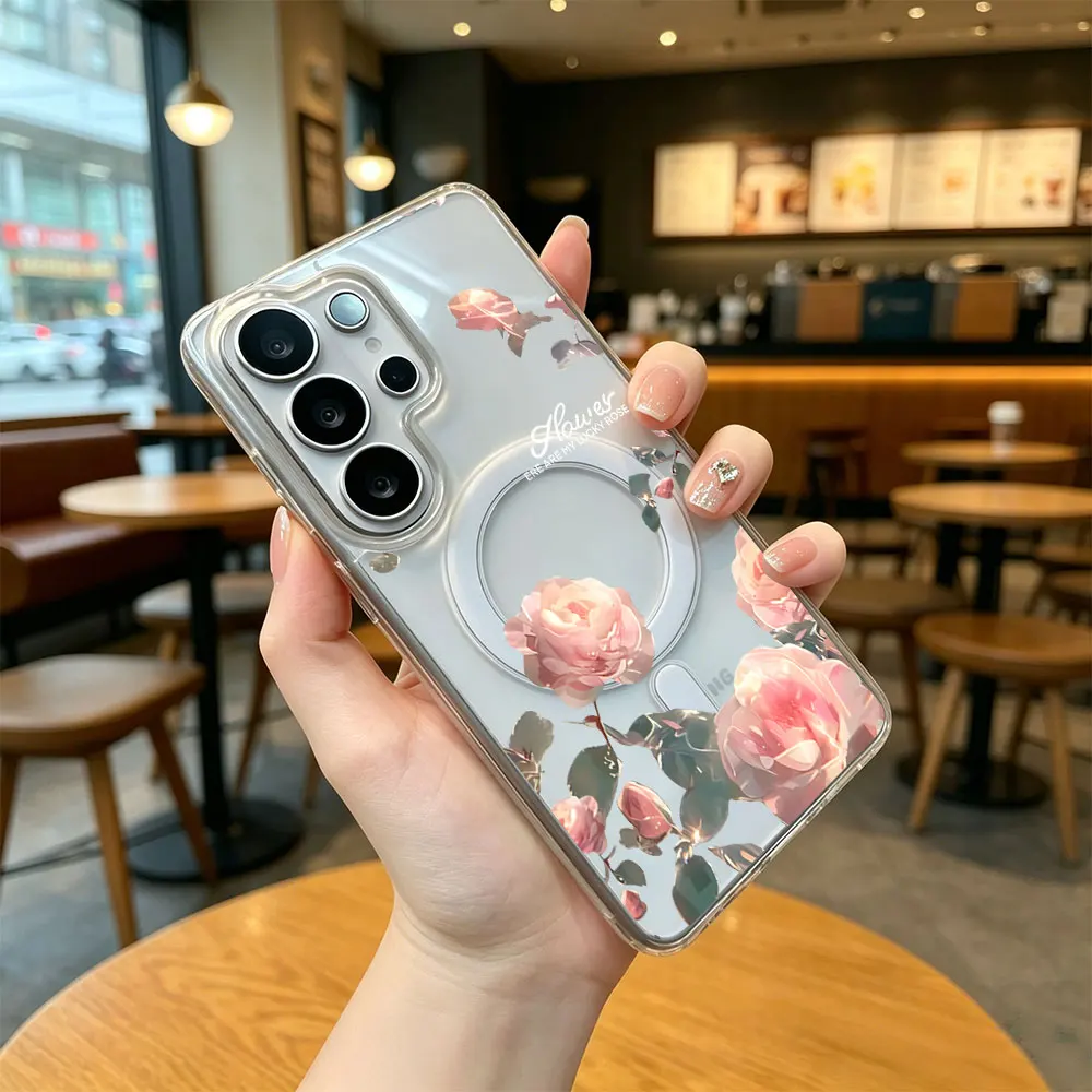 Flower Pattern Magnetic Clear Hard PC Phone Case
