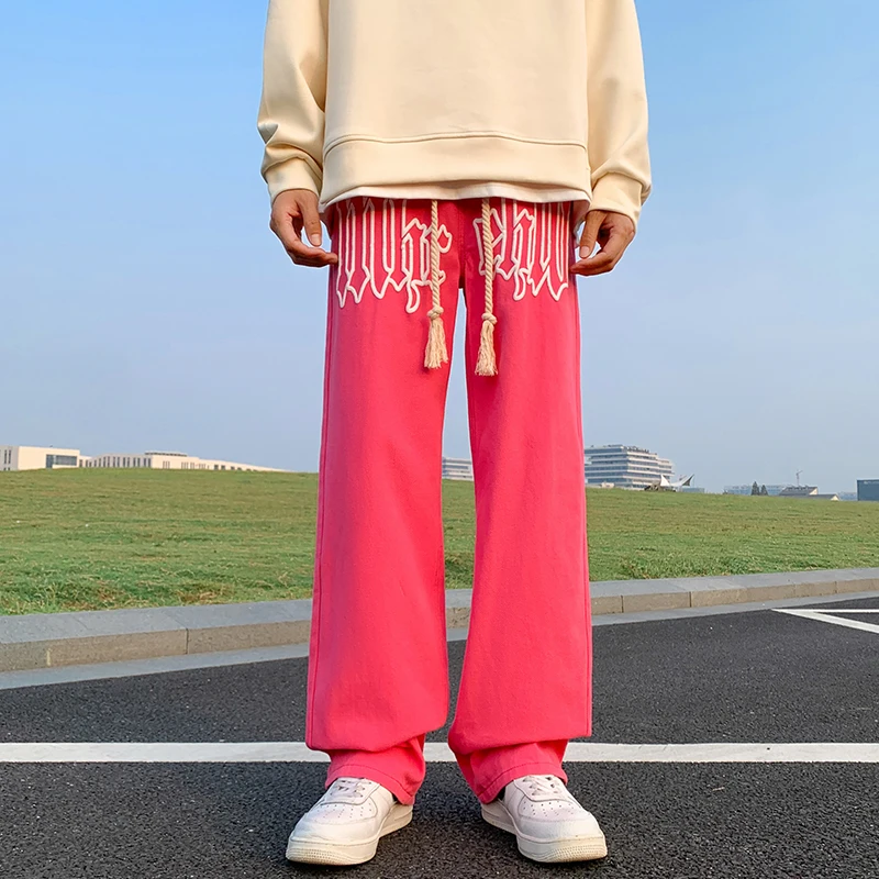 

Streetwear Hip Hop Letter Embroidered Baggy Jeans Men and Women Loose Straight Denim Trousers Ins Drawstring Jeans M-5XL
